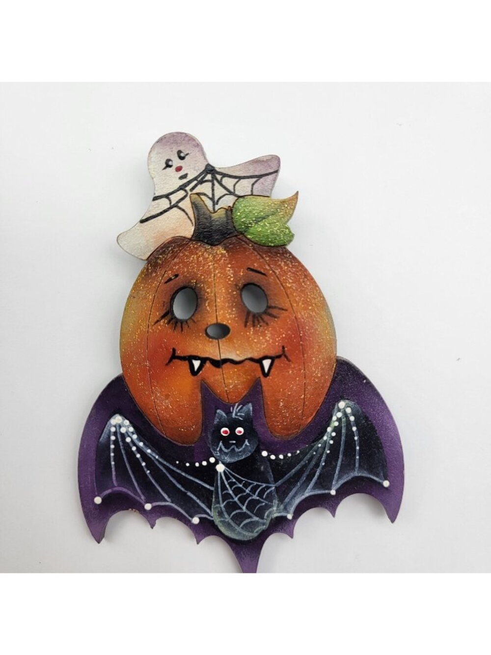 Fabulous hand painted artisan Halloween brooch pin Bat Ghost Vampire pumpkin